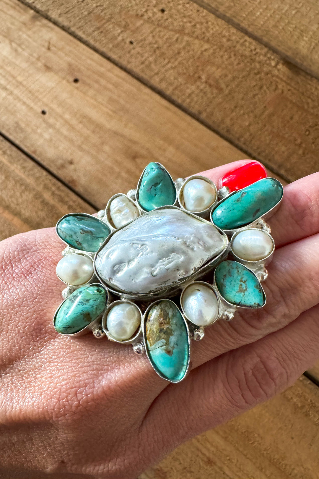 Turquoise and Baroque Pearls Ring - Silver Plated