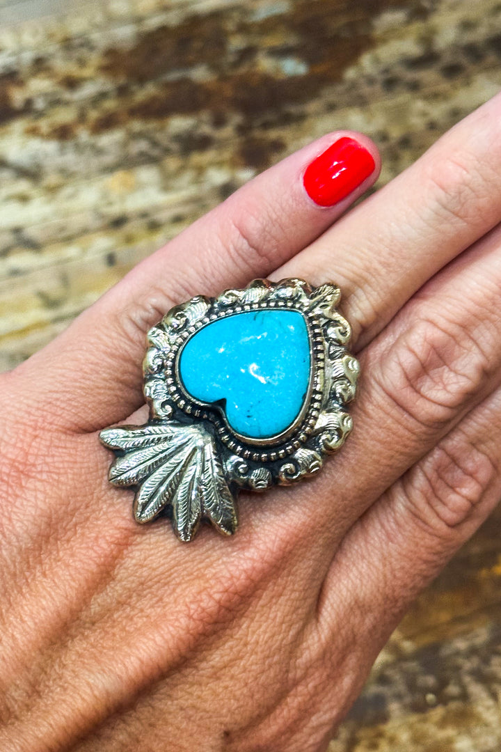 Turquoise Heart Ring - Adjustable Ring - German Silver