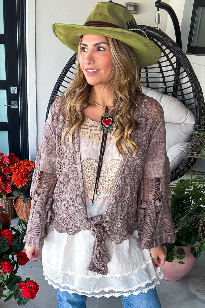 Desert Lace Dream Cardigan - Brown - 100% Cotton