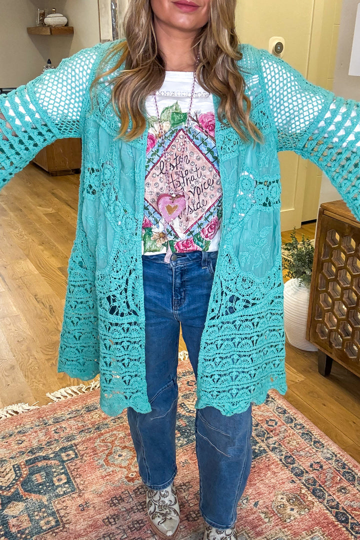Gracefully Polished Crochet Cardigan - Aqua Teal hidden