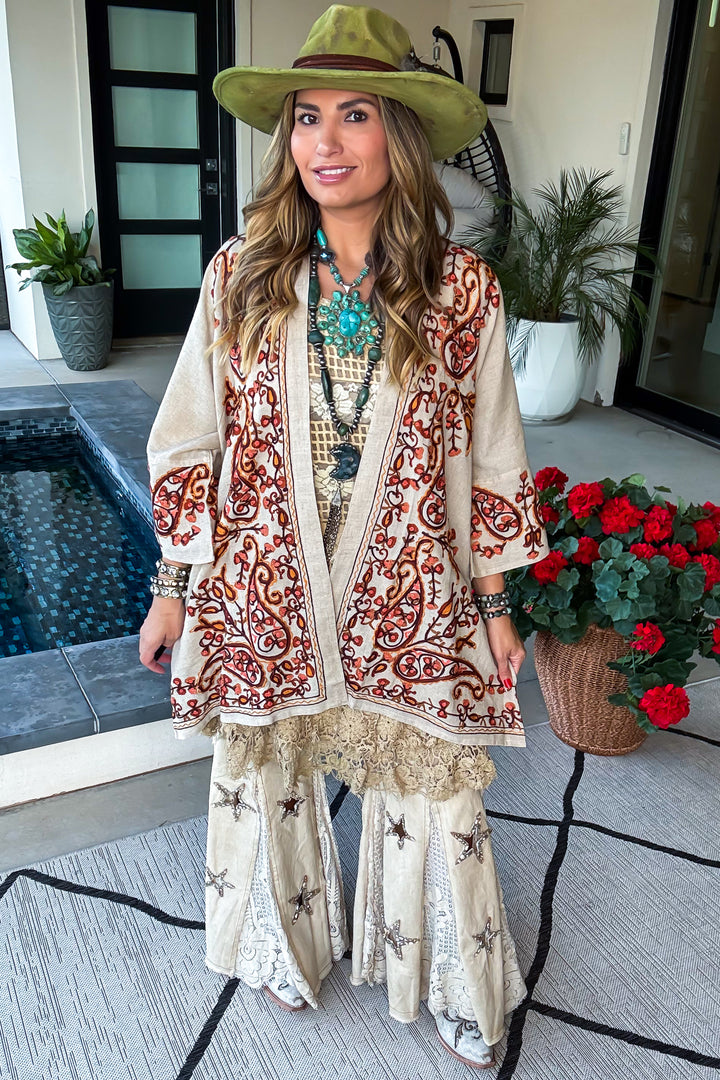 Beauty in Sight Embroidered Cardigan - Cotton Linen Blend  - Copper Oatmeal