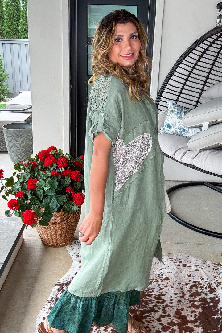 Sparked Affection Sequin Duster - 100% Linen - Army - Made in Italy