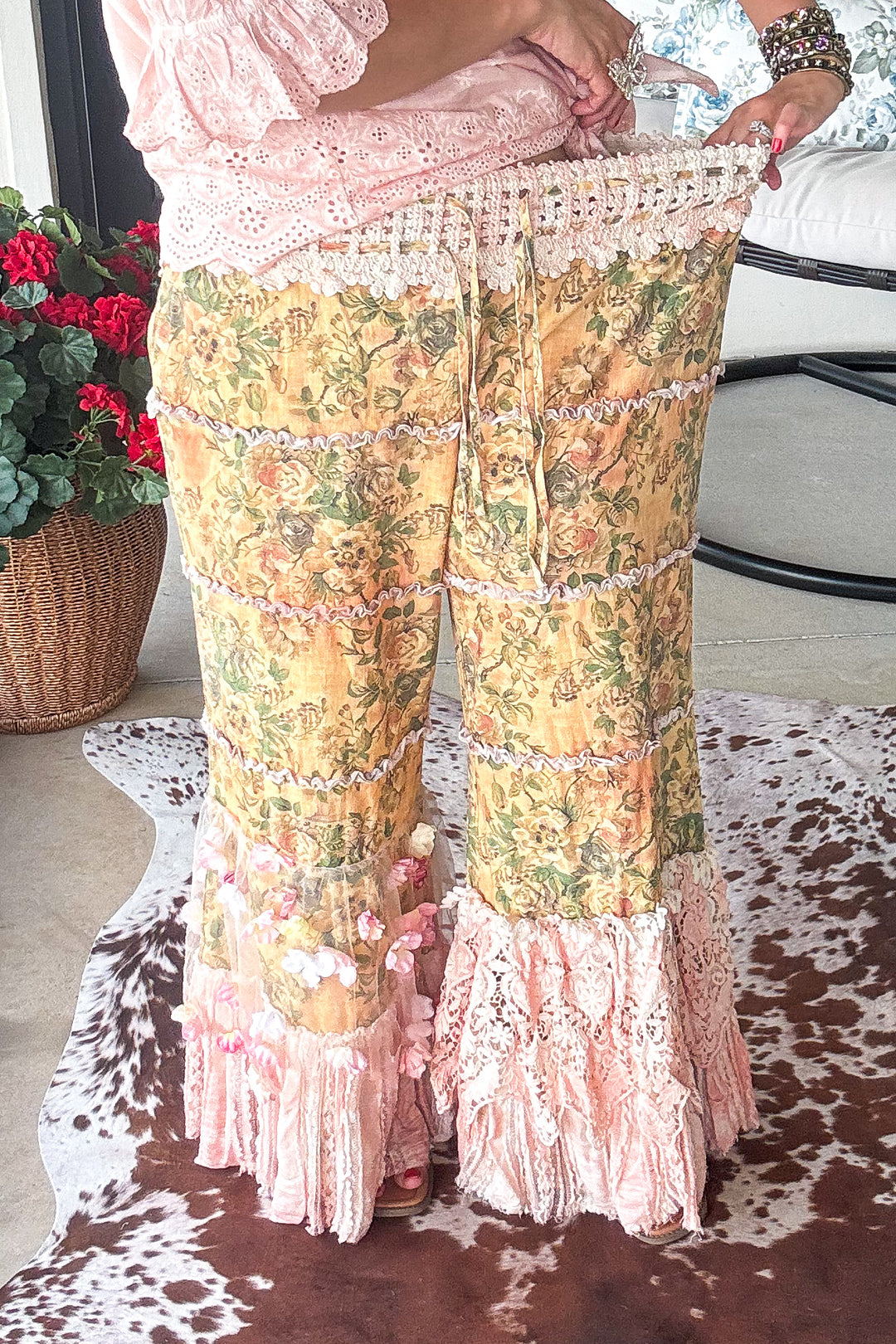 Boho Floral Lace Pants Elastic Waist - 100% Cotton