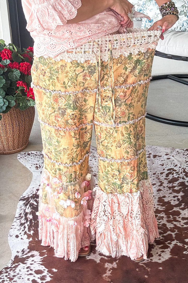 Boho Floral Lace Pants Elastic Waist - 100% Cotton