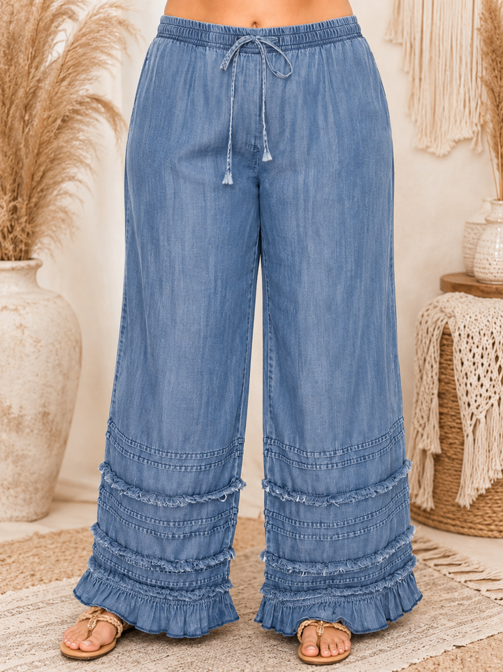 Boho Tiered Chambray Wide Leg Palazzo Pants- Denim