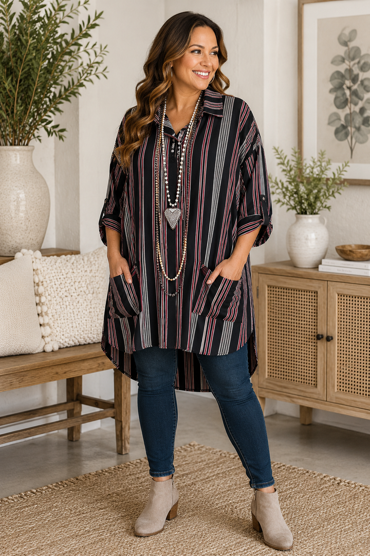 Strips Of Harmony Oversized Dress/Tunic - Black