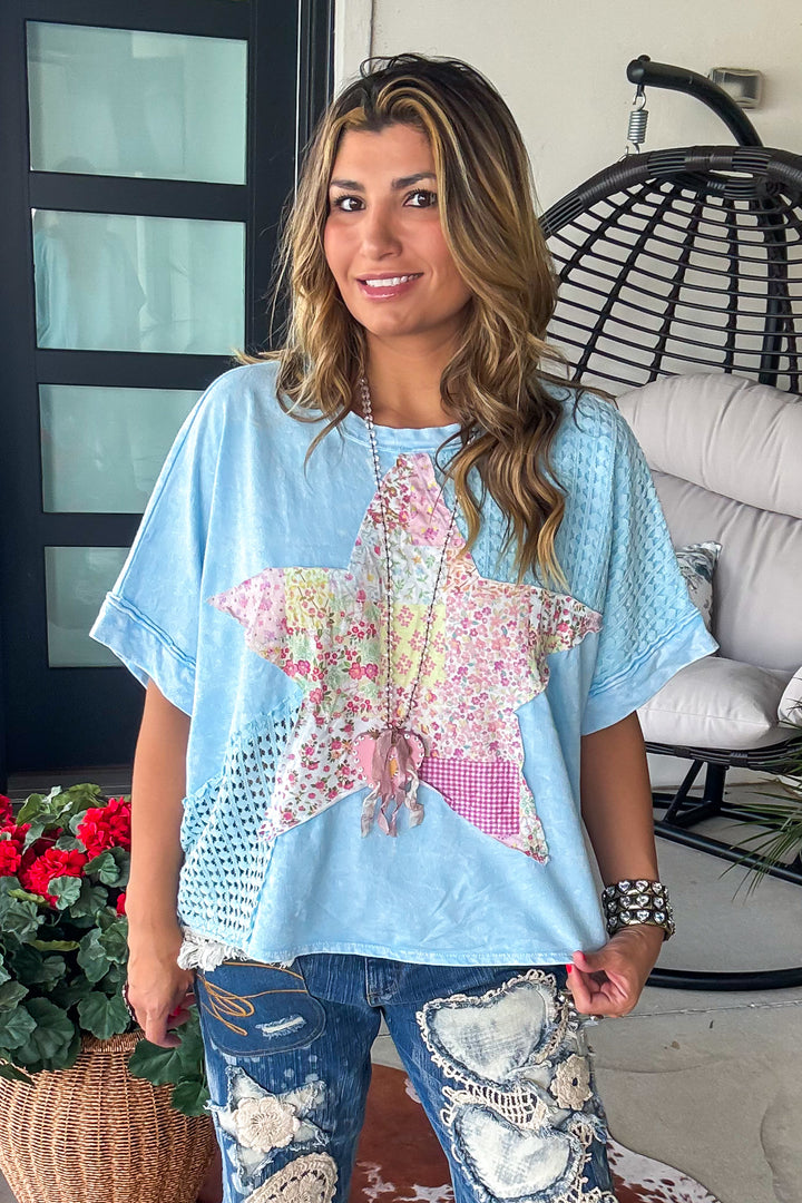 Wandering Quilted Star Top - 100% Cotton - Blue