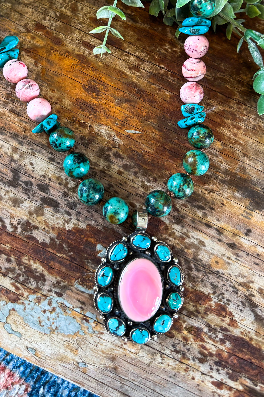 One of a Kind Genuine Turquoise &amp; Pink Conch Necklace