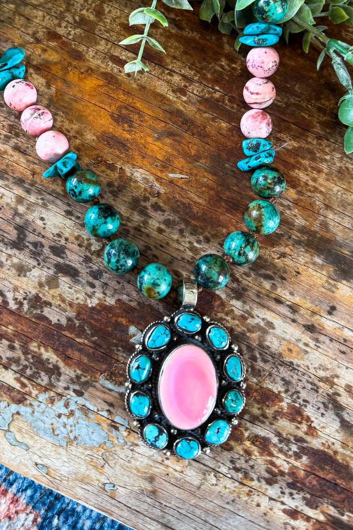 One of a Kind Genuine Turquoise &amp; Pink Conch Necklace