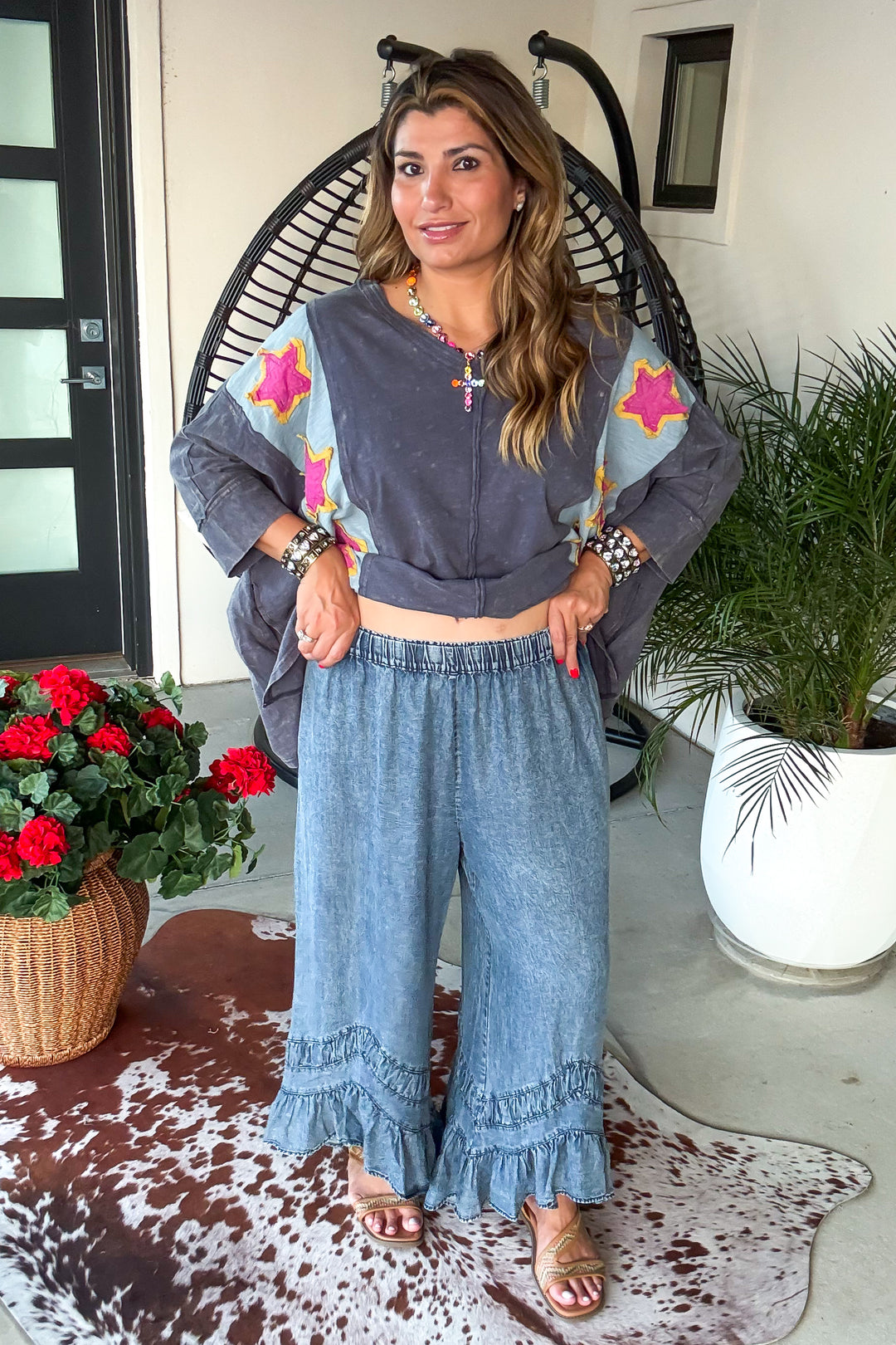 Ruffled Soul Elastic Waist Denim Pants - Denim