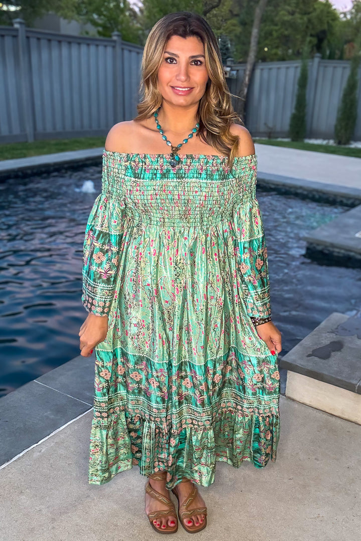 Palace Garden Maxi Dress - 100% Silk - Green/Multi