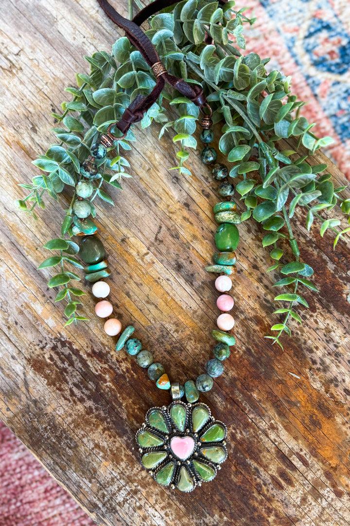 One of a Kind Genuine Green Turquoise &amp; Pink Opal Heart Necklace