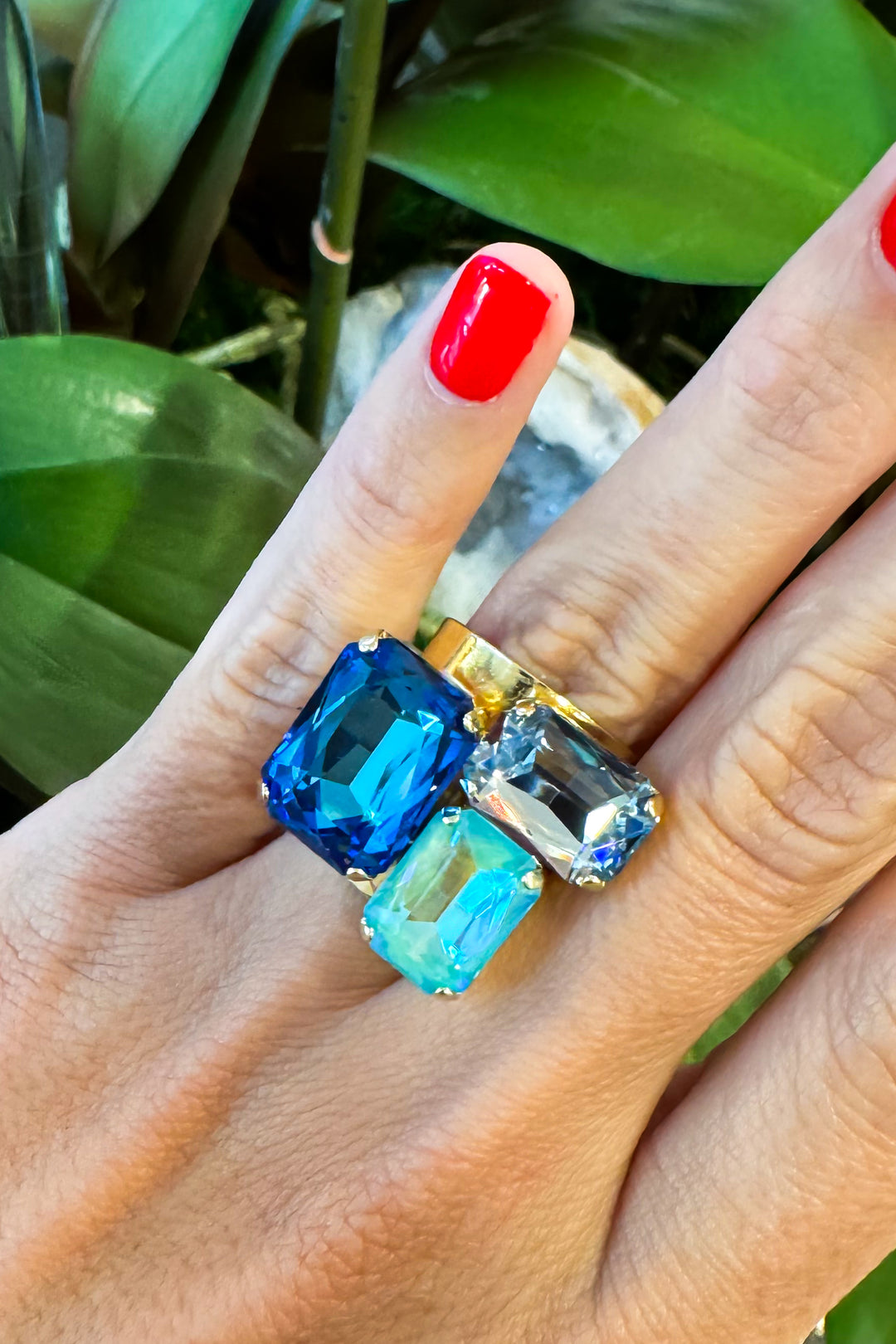 WAFA Crystal 3 Stones Ring - Blue