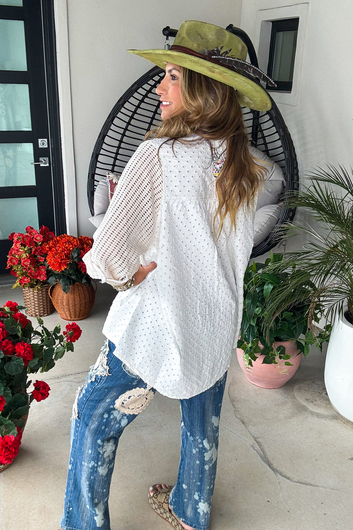 Butterfly and Roses Top - Off White - 100% Cotton