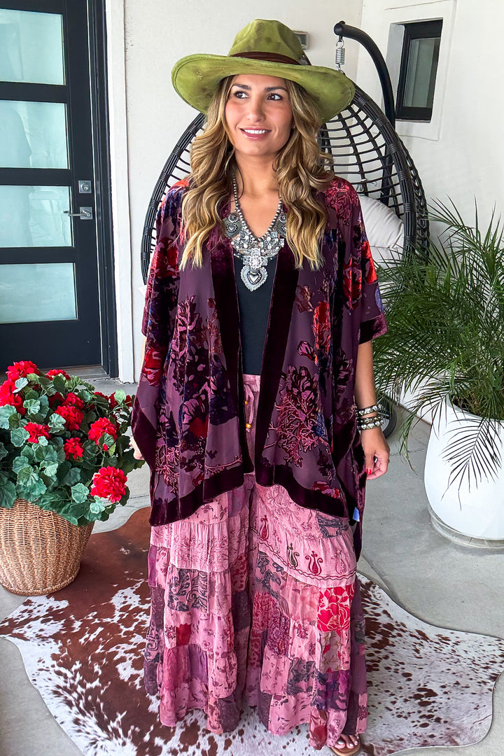 True Burnout Velvet Masterpiece Kimono - Burgundy
