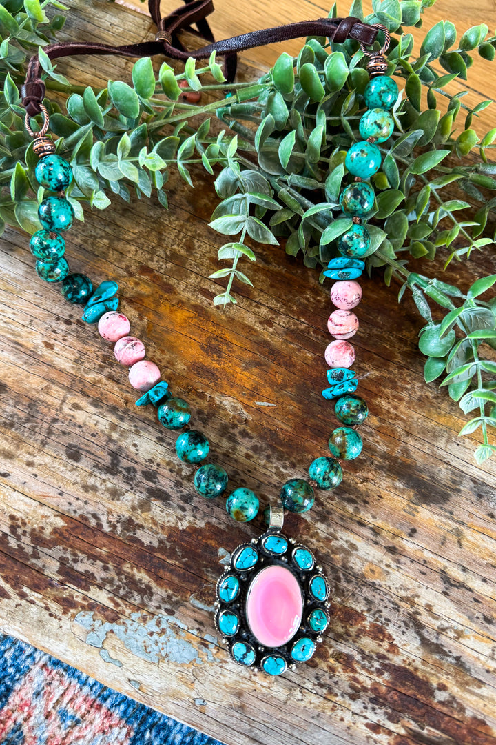 One of a Kind Genuine Turquoise &amp; Pink Conch Necklace