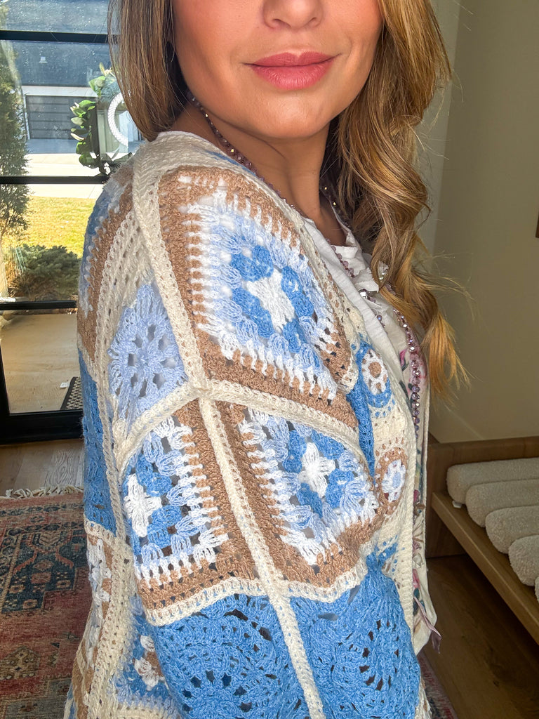 Boho Patchwork Crochet Cardigan - Blue