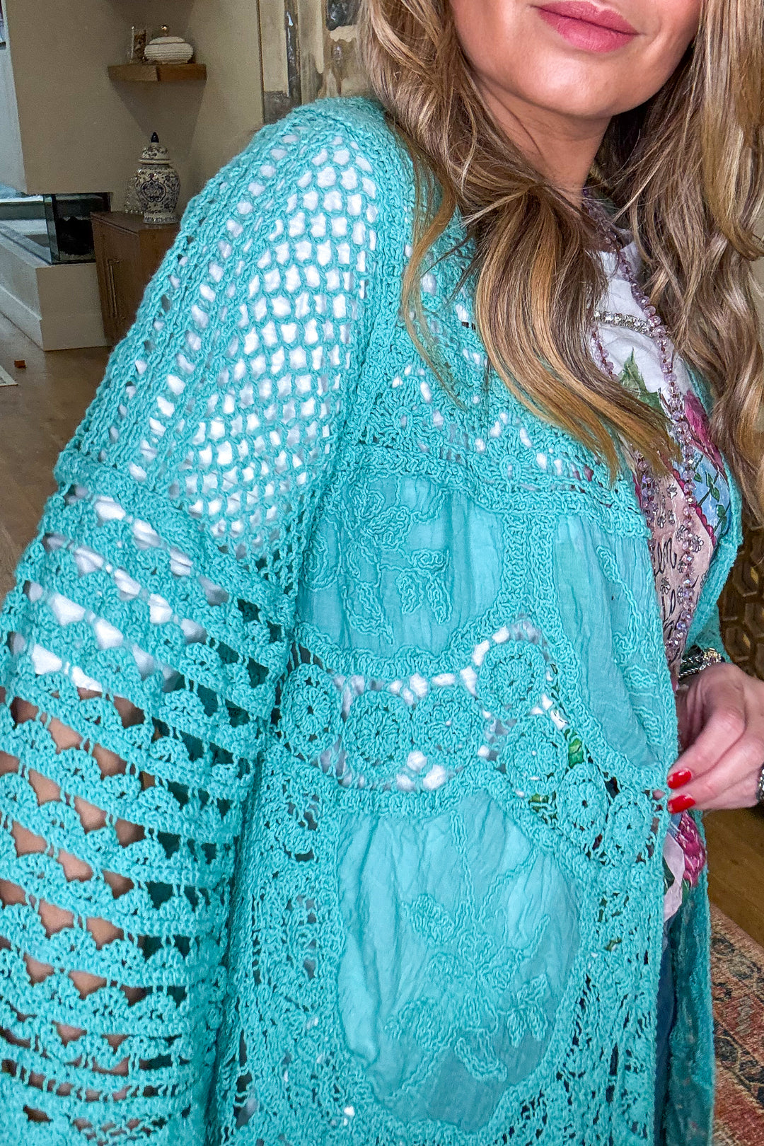 Gracefully Polished Crochet Cardigan - Aqua Teal hidden