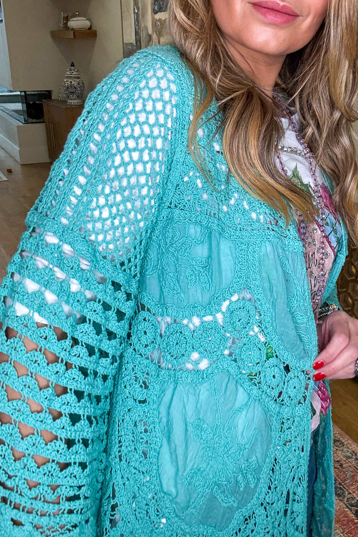 Gracefully Polished Crochet Cardigan - Aqua Teal hidden