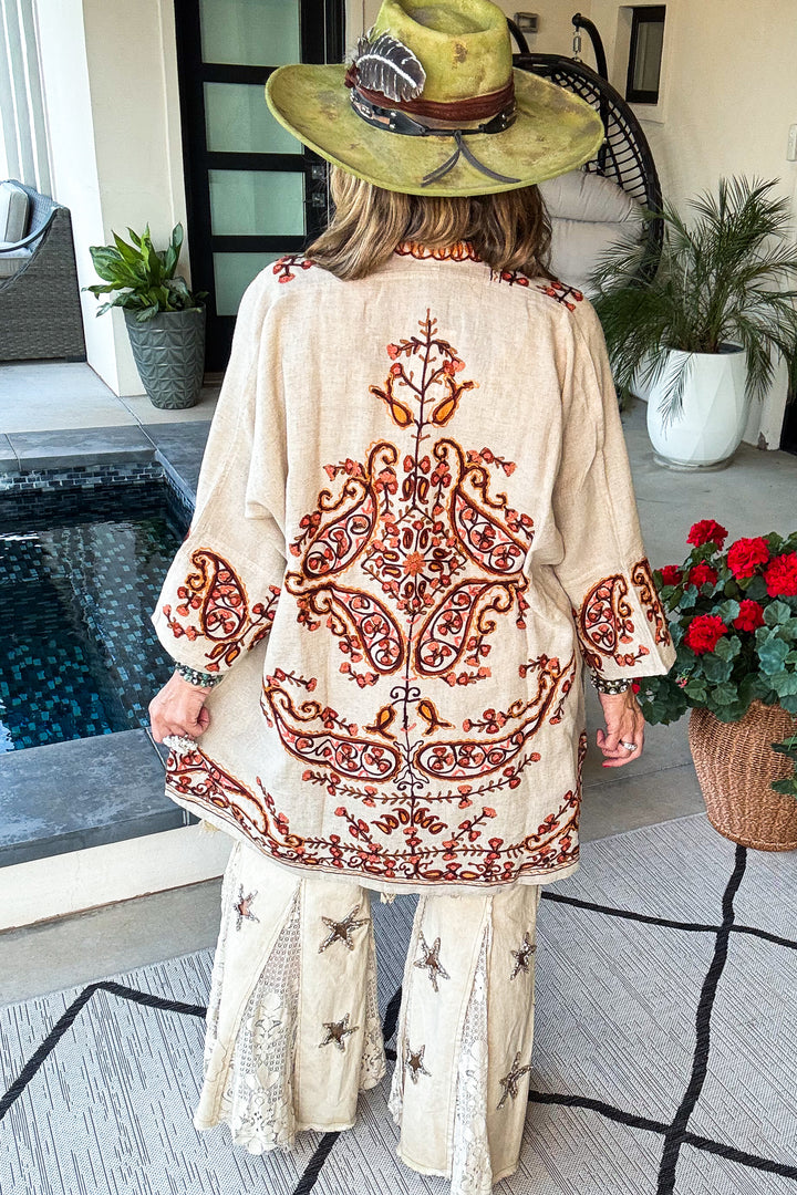 Beauty in Sight Embroidered Cardigan - Cotton Linen Blend  - Copper Oatmeal