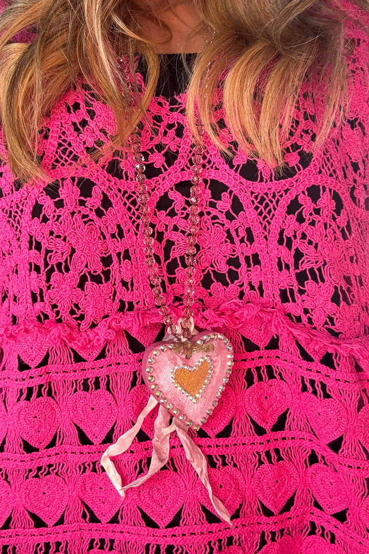 Hand Painted Rhinestone Wood Heart Pendant Necklace