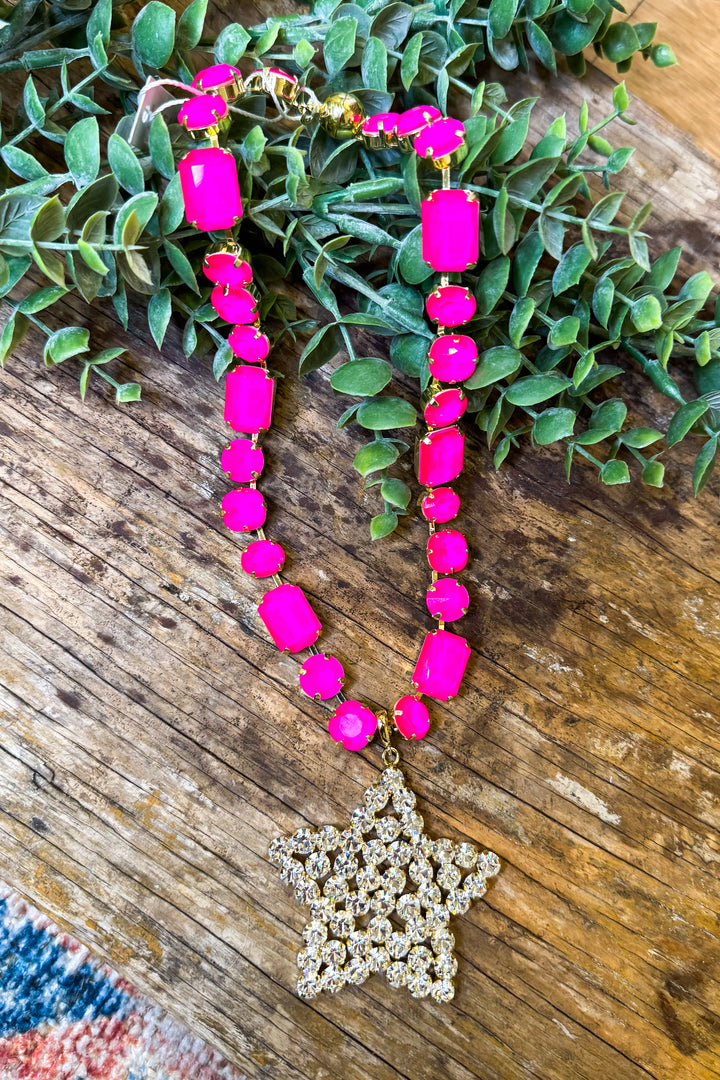 WAFA Crystals Necklace - Star Pendant - Clear and Pink