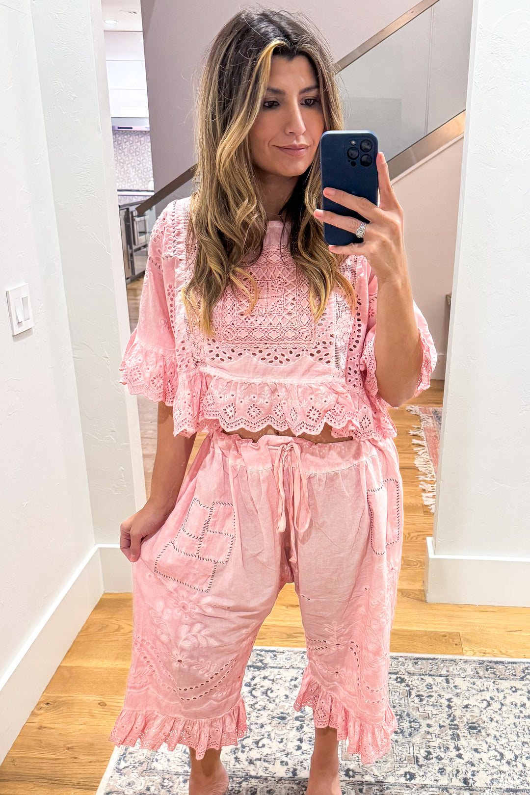 Softly Worn Eyelet Top -100% Cotton - Reversible - Pink