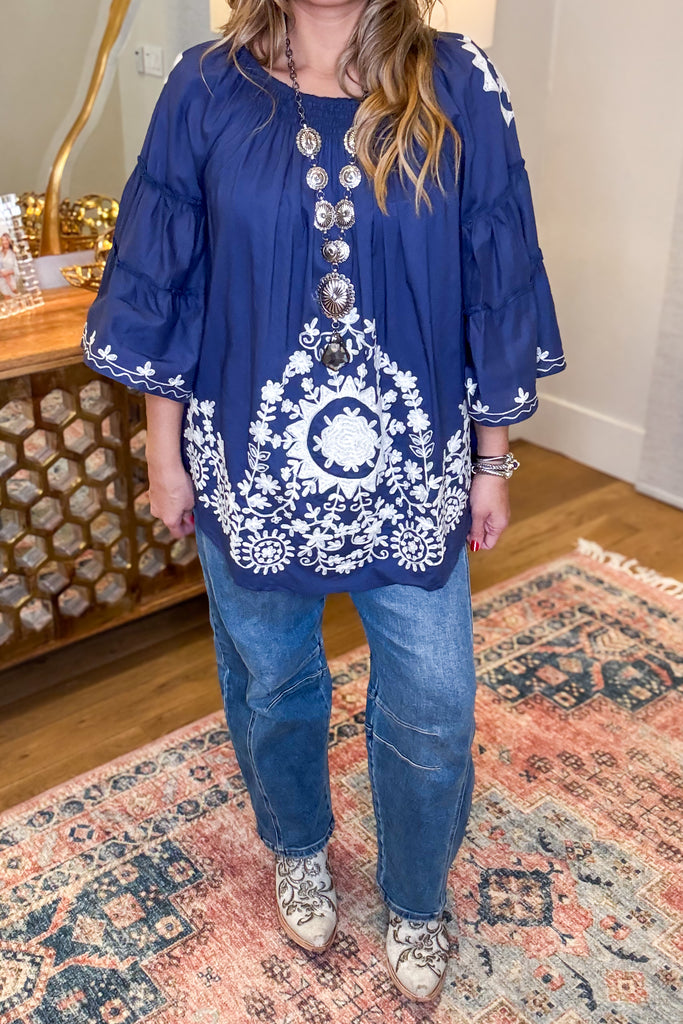 Bound By Love  Embroidered Top - Blue