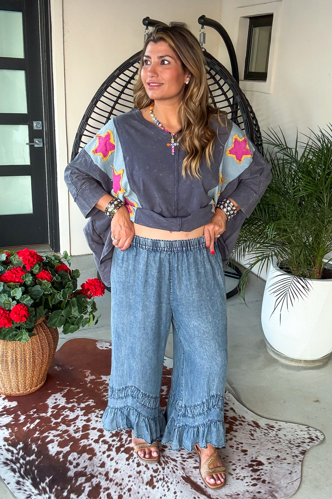 Ruffled Soul Elastic Waist Denim Pants - Denim