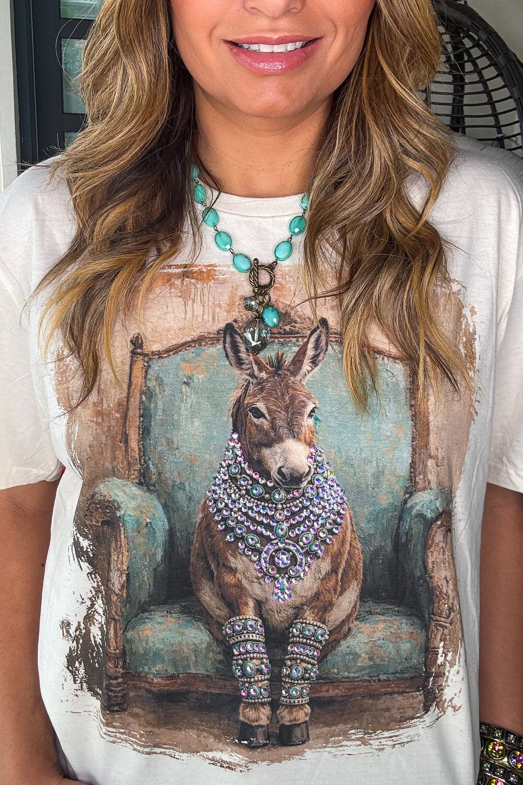 Bedazzled Burro Rhinestones Shirt - Turquoise - 100% Cotton