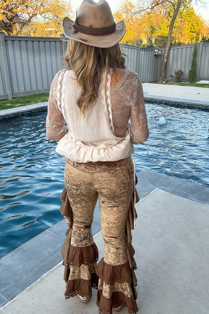 Velvet Butterfly Ruffled Leggings - Brown -SALE