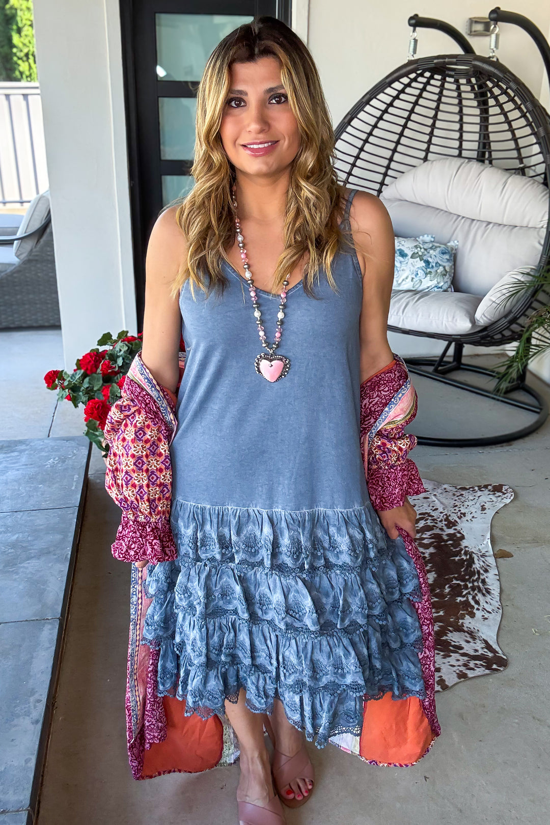 PRE ORDER: Desert Lace Daydream Slip Dress - Cotton Linen Blend - MADE IN USA - Blue