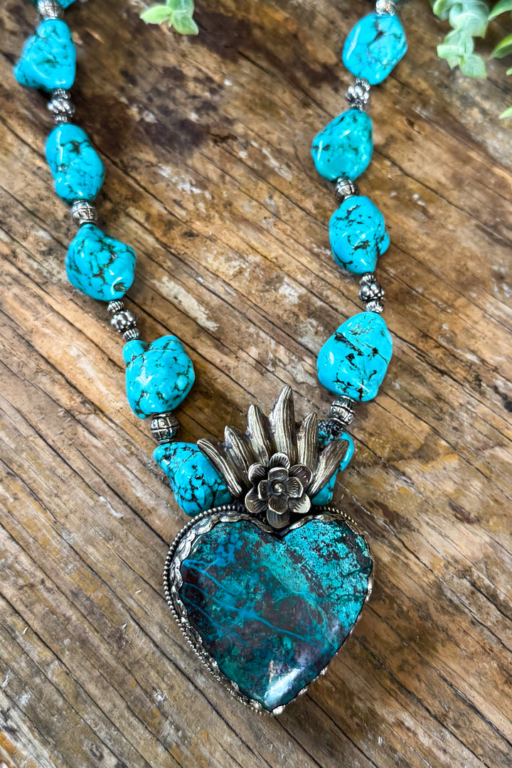 Turquoise Heart and Turquoise Pebble Necklace - German Silver