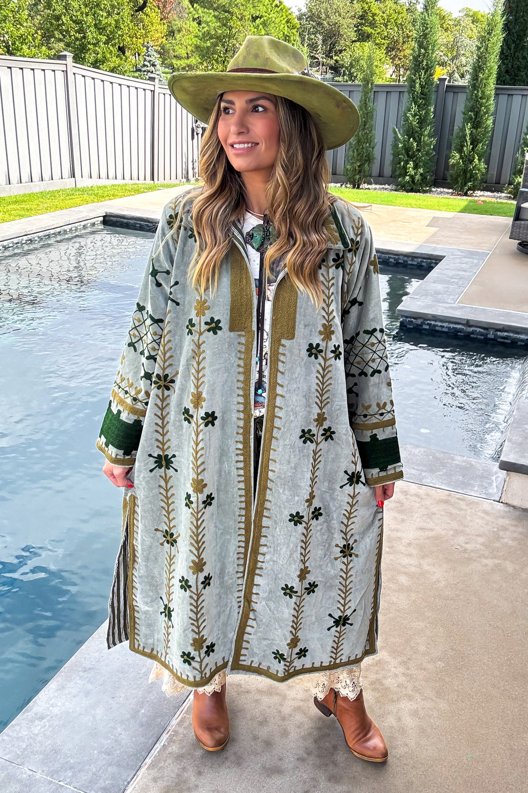 Velvet Green Embroidered Jacket - 100% Cotton