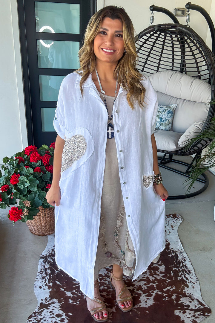 Sparked Affection Sequin Duster - 100% Linen - White - Made in Italy