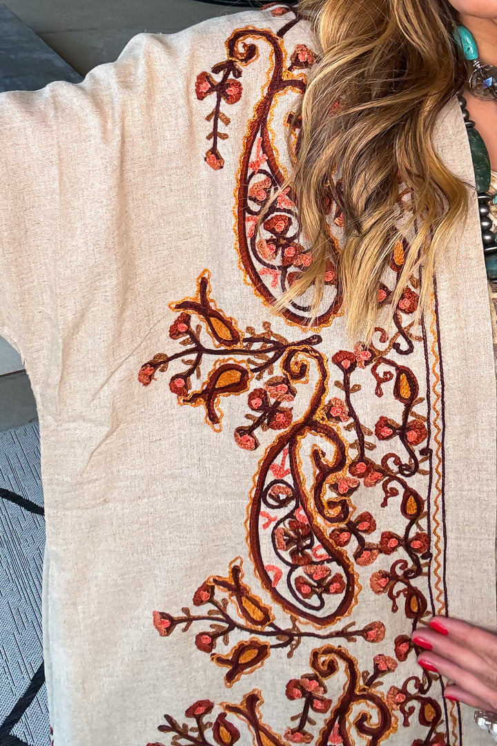 Beauty in Sight Embroidered Cardigan - Cotton Linen Blend  - Copper Oatmeal