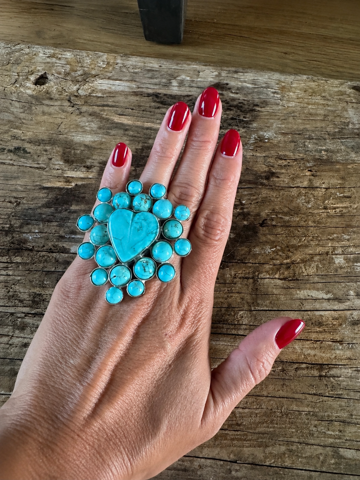 Queen Heart Statement Ring - Silver Plated - Turquoise