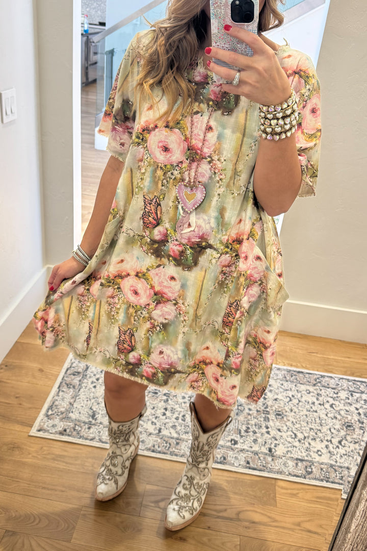 Butterfly Vintage Shabby Chic Linen Dress – Oversized Fit - 100% Linen