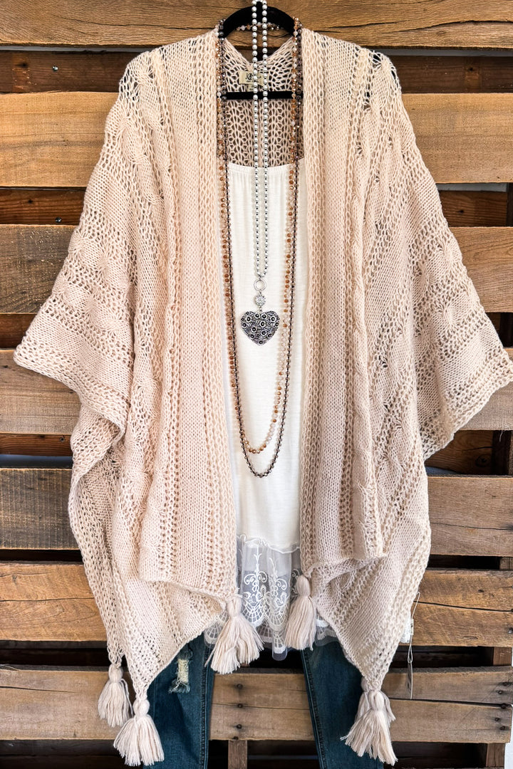 Keep Talking Casual Crochet Ruana - Beige - SALE