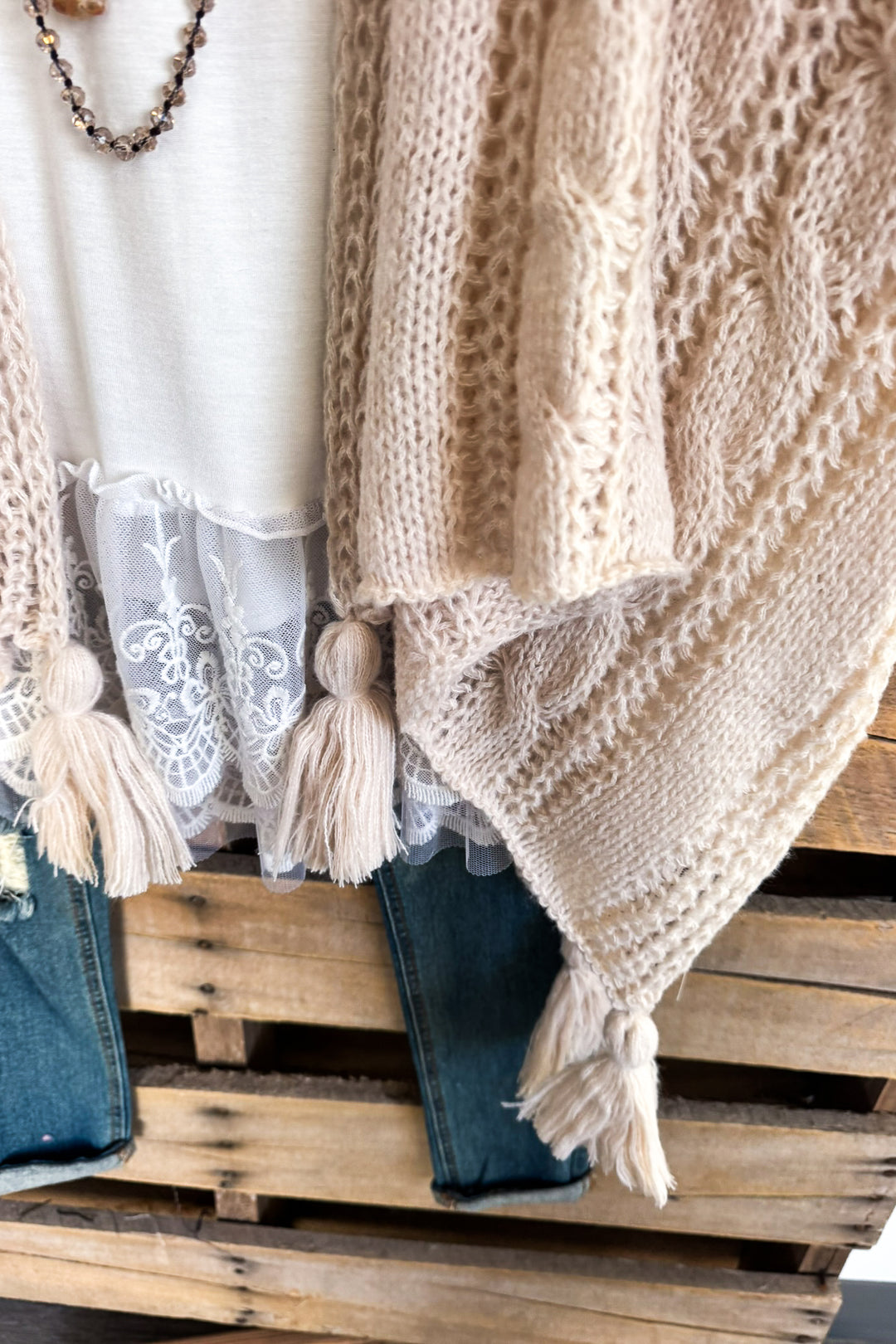 Keep Talking Casual Crochet Ruana - Beige - SALE