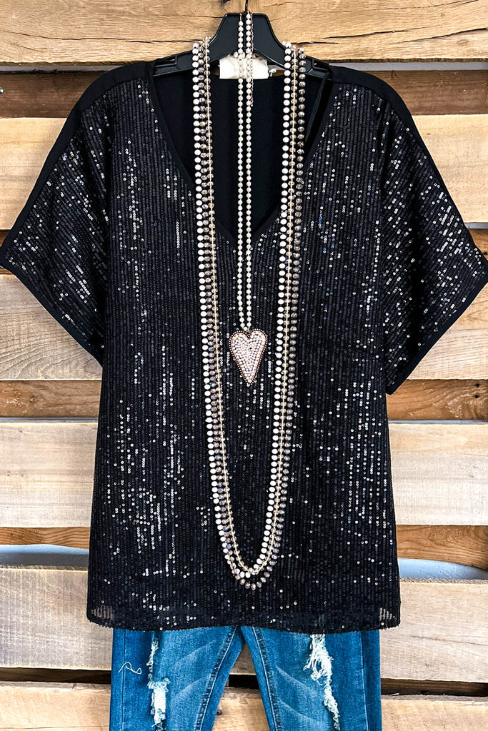 Shine Bright Babe Sequin Oversized Top - Black