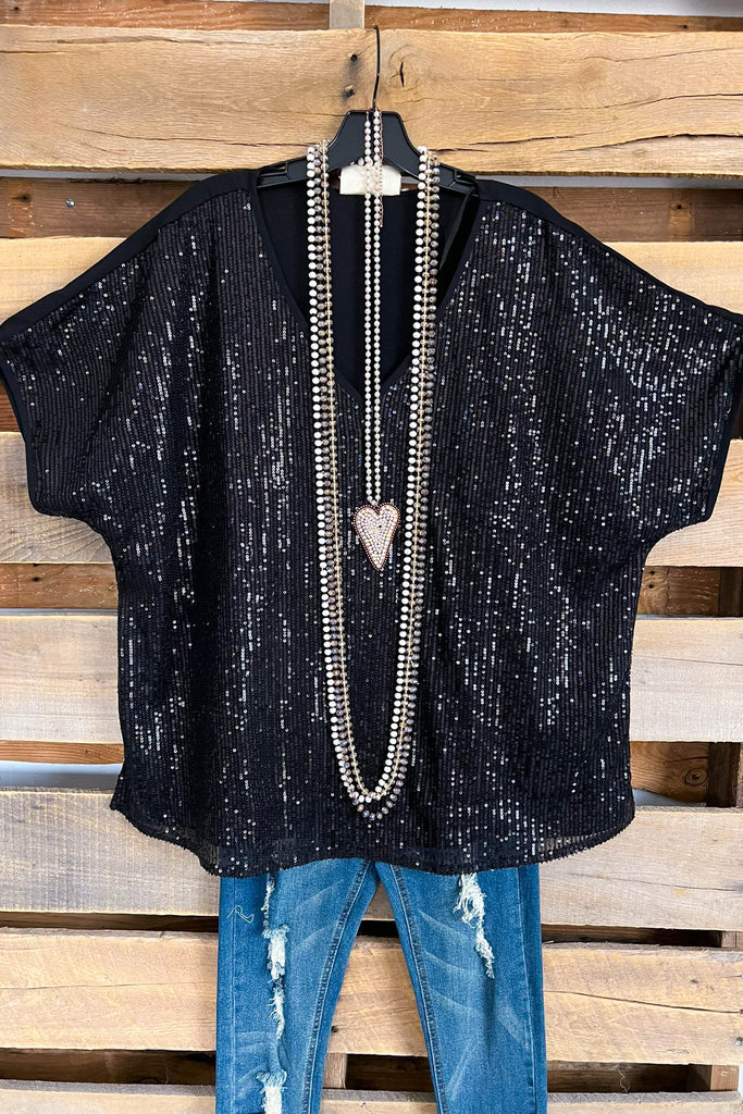 Shine Bright Babe Sequin Oversized Top - Black