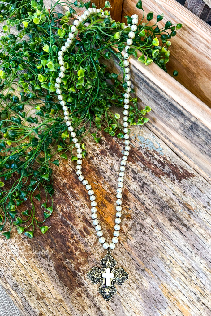 Genuine Pearl Knotted Cross Necklace - Beige