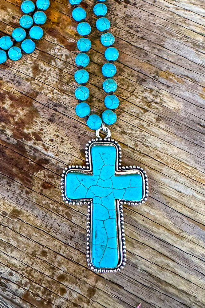 Tiger Skin Turquoise Cross Necklace - Turquoise