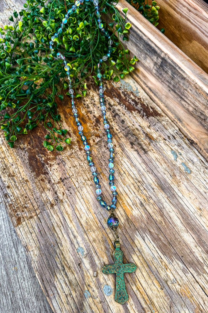 Crystal Clear Cross Necklace - Blue