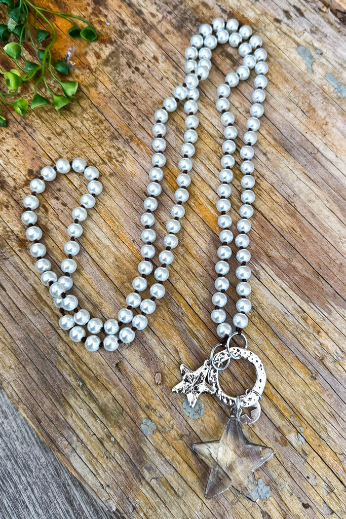 Reaching For The Stars Pearl Charm Necklace - White - Double Knot Long Necklace