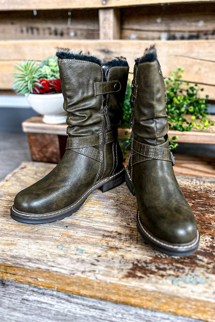 Chasing You Fur Boots - Olive (SIZE 6-6.5-7) - SALE