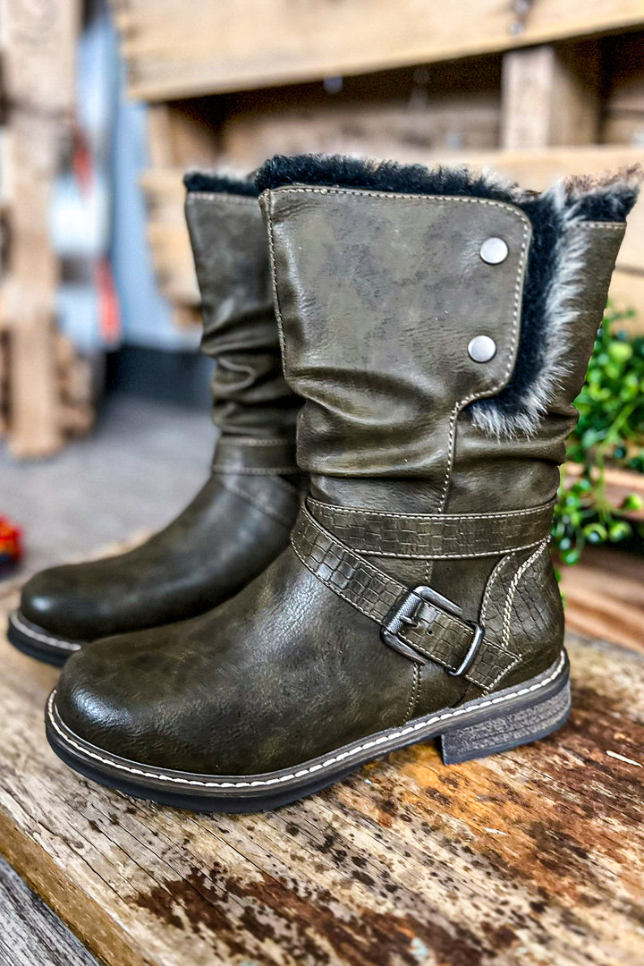 Chasing You Fur Boots - Olive (SIZE 6-6.5-7) - SALE