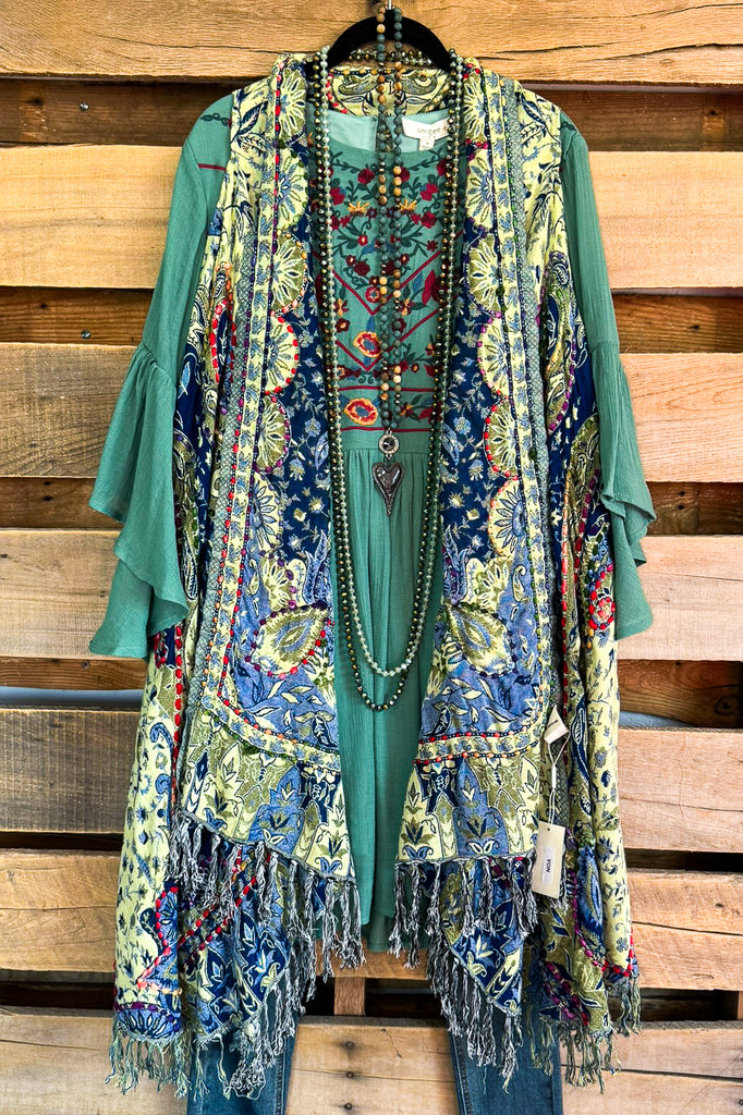 Something More Thick Stich Vest Kimono - Sage/Blue