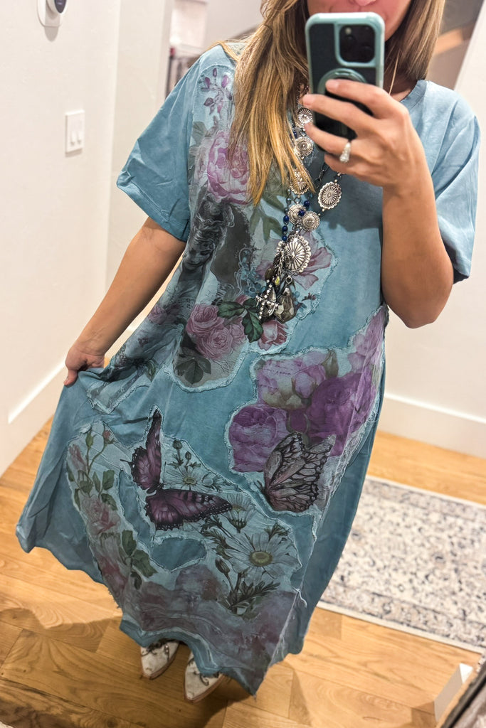 A RB - The Painted Garden Heirloom Blue Maxi Dress - 100% Cotton